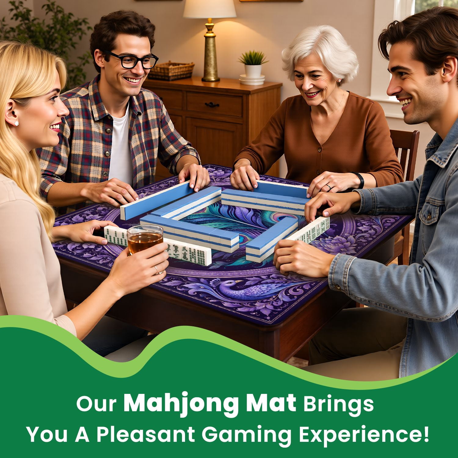 Mahjong Mat 31.5" x 31.5" Peacock Feather Purple Teal Ornamental Mandala Frame Non-Slip Noise Reduction Chic Portable Gaming Table Cover for Family Game Night & Gift