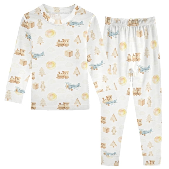 Cotton Children's Pajama Set with Long Sleeve Top and Pants for Boys & Girls Wooden Car 18M