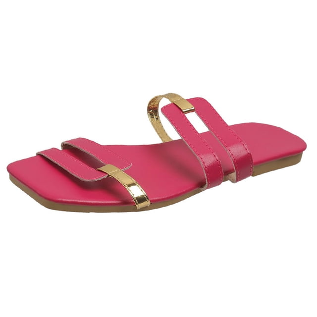 Women's Slip On Flat Sandals Fashion Square Open Toe Slides Lightweight Non Slip Color Blocking Slippers for Summer Red Size 7