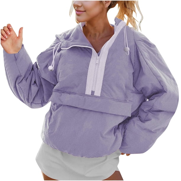Chaquetas y abrigos casuales de manga larga sin capucha para mujer, jersey de cuello redondo, chaqueta acolchada de manga larga, holgada, con media cremallera y capucha con cordón ajustable.