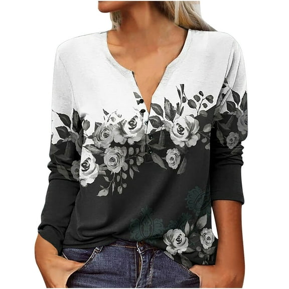 ibuvkizy Womens Tops Women Casual Printing Long Sleeve Buttons Slim Blouse T-shirt Tops,Tshirts for Women,Plus Size Blouses Shirts,Summer Tops for Women 2025