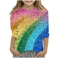 thumbnail image 2 of JTSRKL Kids Girls Summer Sparkly Tops Dressy Casual Summer 3/4 Sleeve Round Neck Graphic Tunic Blouse Trendy Soft Cotton Outfit Glitter Tees Shirt Multicolor#17 11-12 Years, 2 of 6