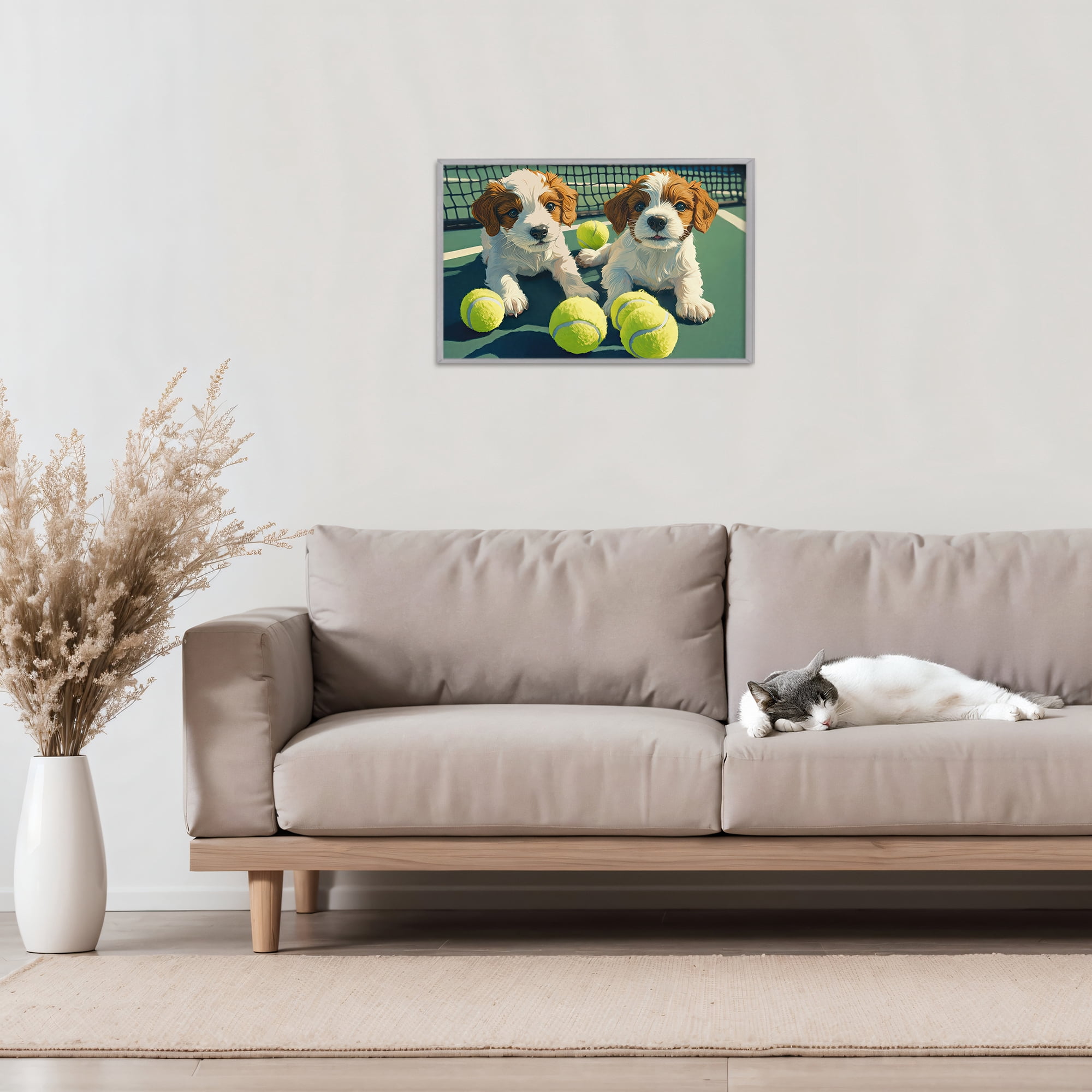 Stupell Industries Playful Puppies with Tennis Balls Gray Framed Giclee Art, design by Imagine It Images