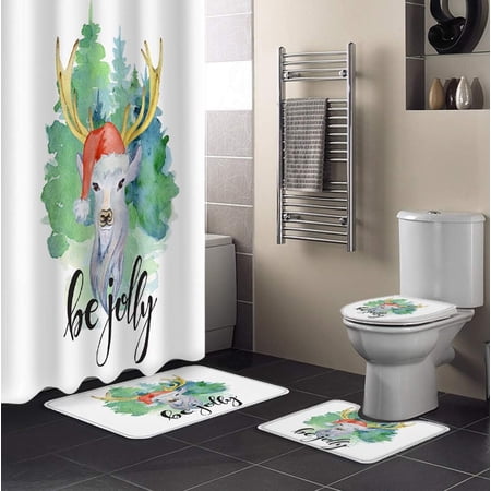 ZHANZZK Christmas 4 Piece Bathroom Set Shower Curtain Bath Rug Contour Mat and Toilet Lid Cover