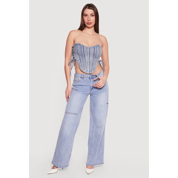 Women's Denim Lace Up Sides Rhinestone Corset Crop Top