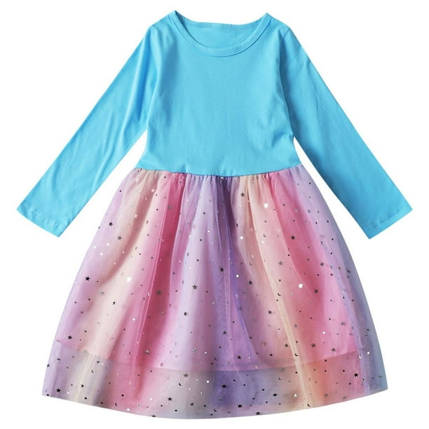 Odeerbi Niñas Manga Larga Vestido Tul Arcoiris Lentejuelas Primavera Otoño Vestidos Algodón Cuello Redondo Malla Patchwork Vestido Suelto