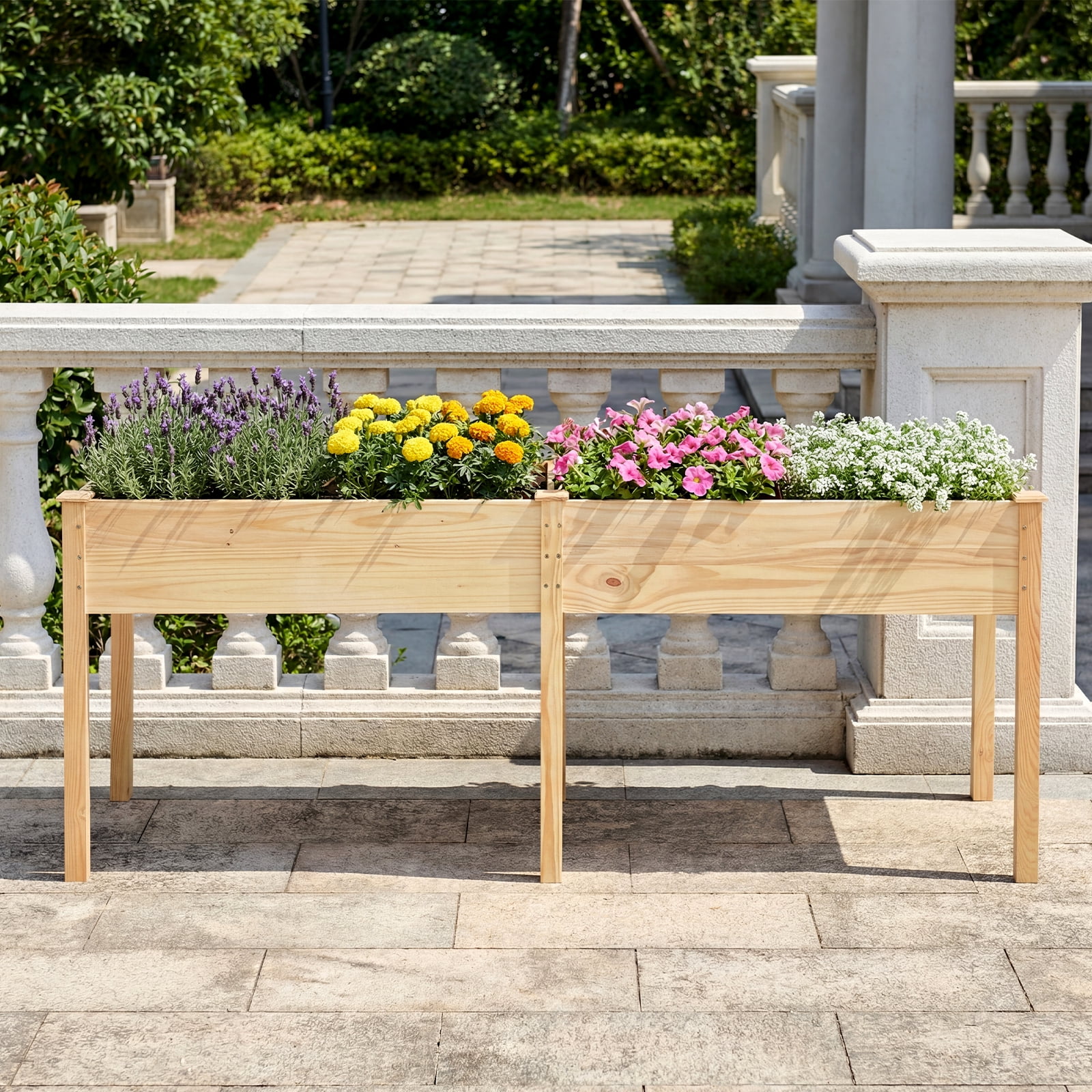 Costway Raised Garden Bed Elevated Pine Wood Planter Box with 2 Large Planting Areas Beige