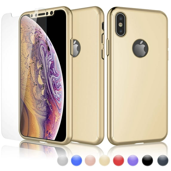 Cases for Apple iPhone XS Max / iPhone XS / iPhone XR / iPhone X, Njjex Ultra Thin Hard Slim Case Full Protective With Tempered Glass Screen Protector Case Cover -Gold