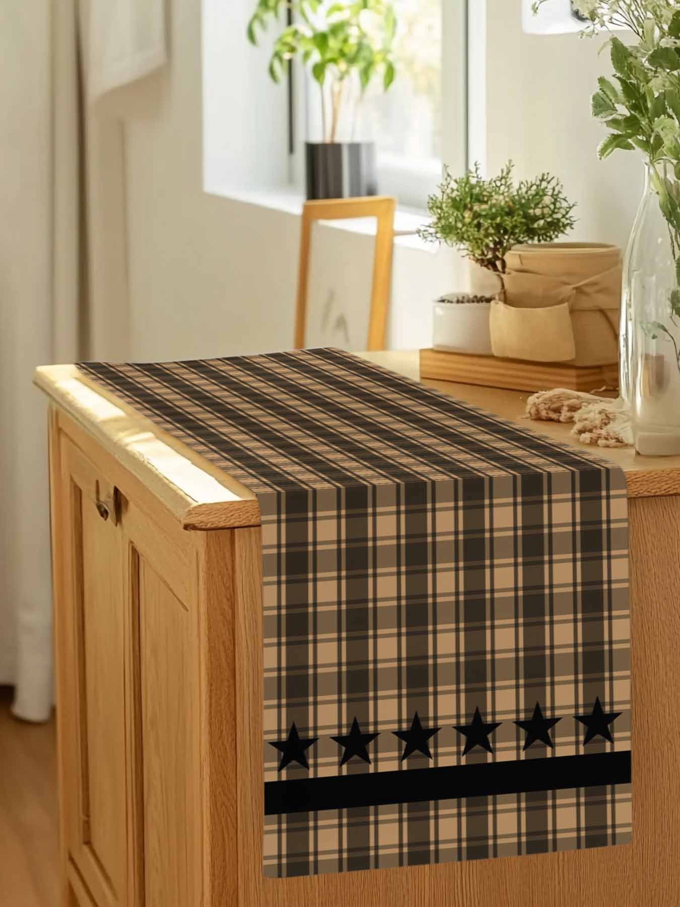 Vintage Black Star on Buffalo Checkered Table Runner 90 Inches Long, Western Farm Table Runners Tabletop Scarf Kitchen Dining Tables Decoration for Home Party Indoor Outdoor