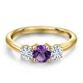 thumbnail image 3 of Gem Stone King 18K Yellow Gold Plated Silver Purple Amethyst and White Moissanite Engagement Ring for Women | 0.94 Cttw | Round 5MM | Gemstone February Birthstone | Size 8, 3 of 7