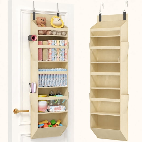 Norcho Overdoor Organizer, Clear Window 4 Pockets, Anti-Tilt 40lb, 5 Sections, Beige- Pantry, Nursery, Bathroom, Bedroom, Dorm
