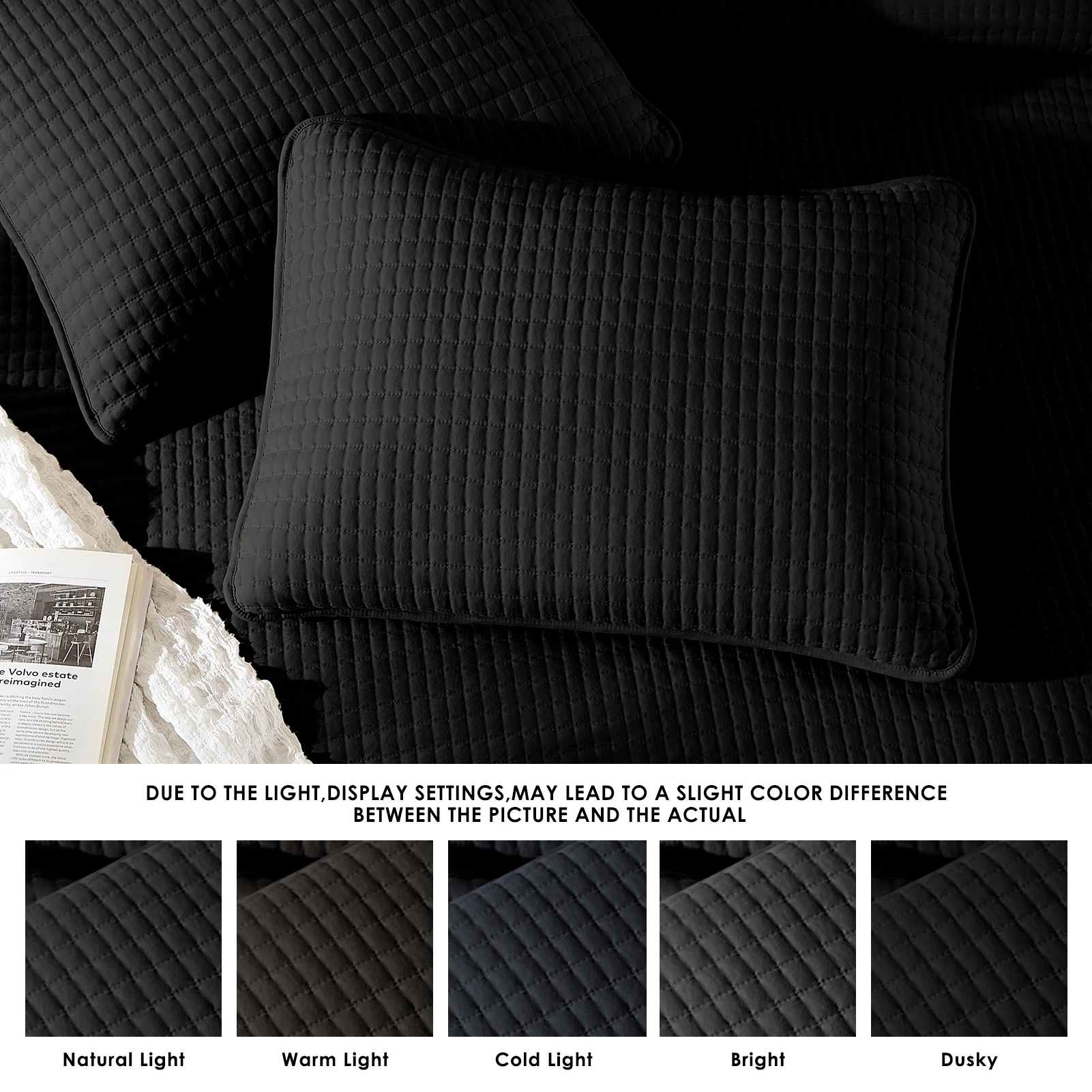 Amberspace Lightweight 3-Piece Bed in a Bag Quilt Set with Pillow Shams,Black,Queen