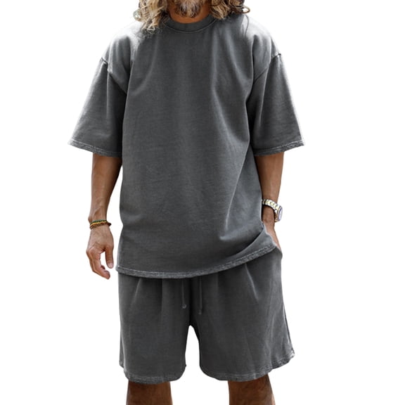 Men'S Terry Cloth Loose Fit Drop Shoulder Short Sleeve T Shirt And Drawstring Waist Shorts Set Casual Summer Loungewear For Daily Wear,Dark Gray,L