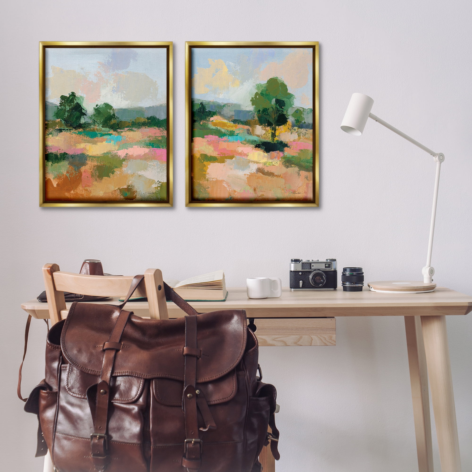 Stupell Industries Spring Field Abstract Landscape Landscape & Nature Painting Gold Floater Framed Canvas Art Print Wall Art, 31 x 25, Set of 2