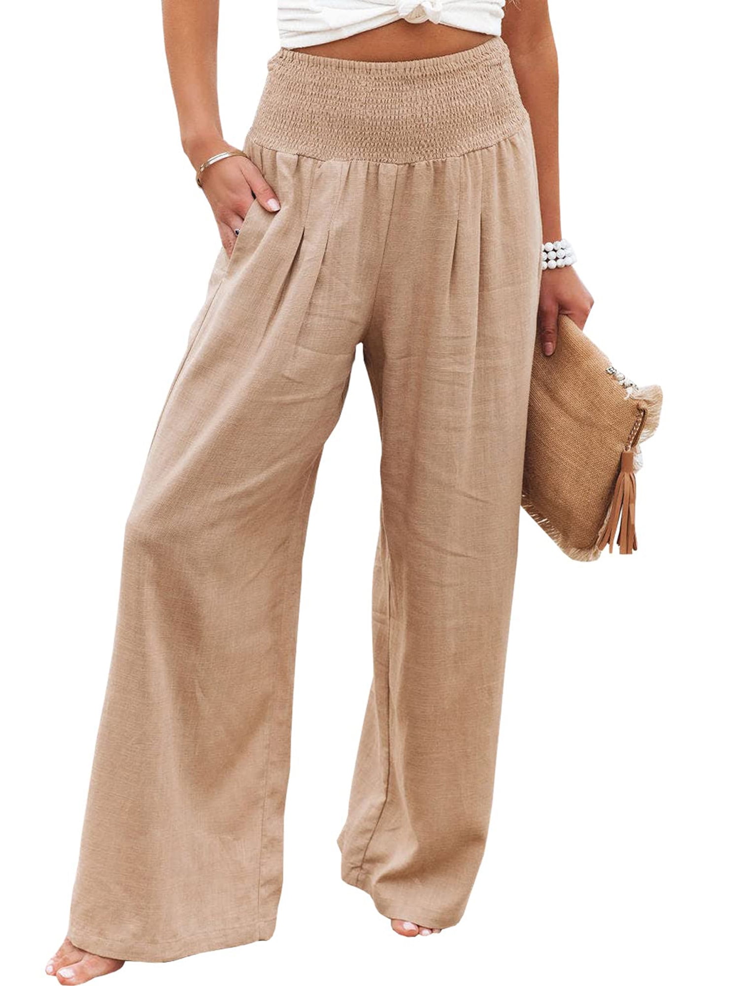 Dilgul Women's Crop Linen Pants Drawstring Elastic Waist Pants Casual Loose Fit Comfy Lounge Pants with Pockets 