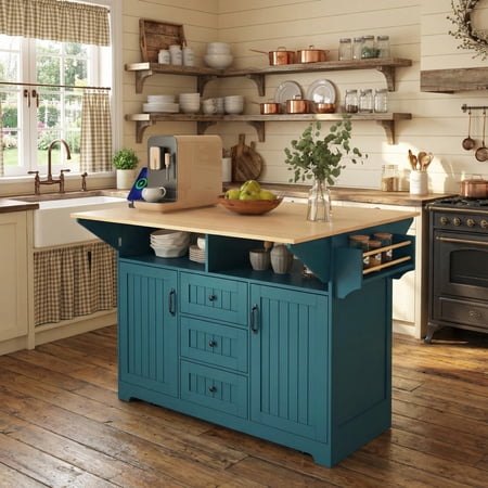 Homy Casa 55.7 Folding Kitchen Island with Power Outlet Dual Drop Leaves and Storage Drawers