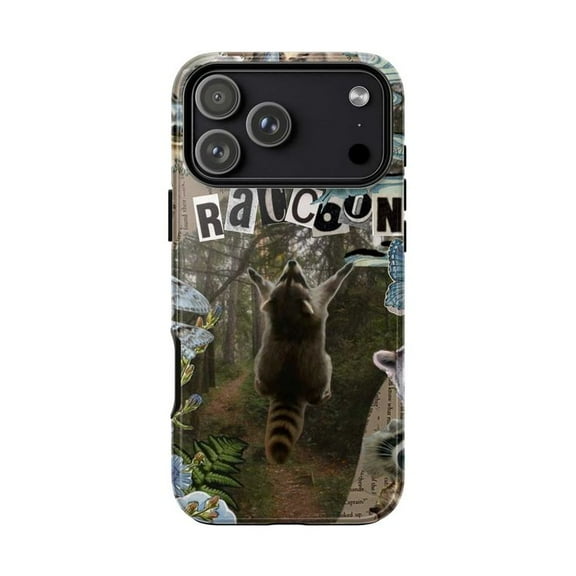 Raccoon Collage Phone Case, Forest and Butterfly Aesthetic iPhone Cover, Artistic Protective Case for iPhone 17 16 15 14 13 12 11 Plus Pro Max Mini