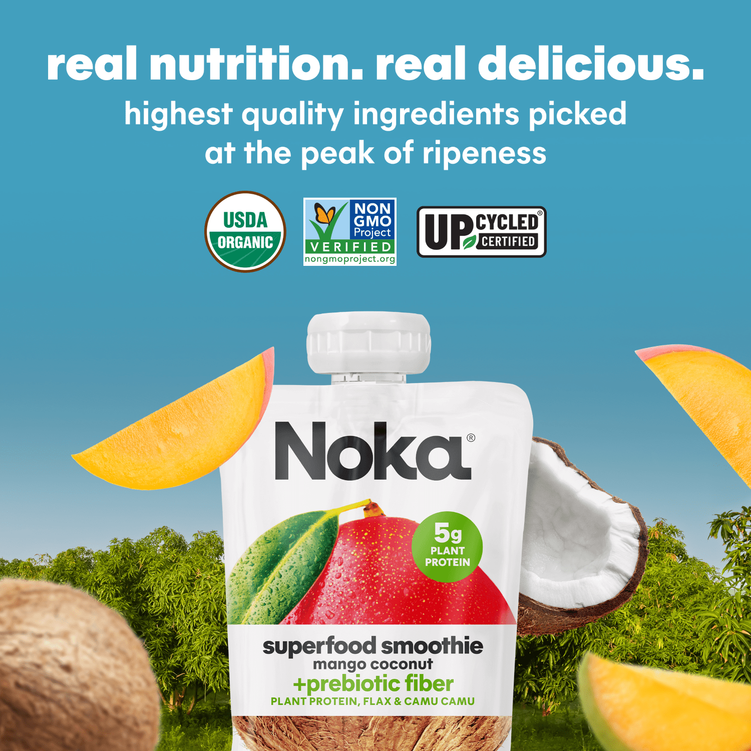 Noka Organic Mango Coconut Superfood Smoothie Pouches with Plant Protein, 4.22oz, 4-Pack