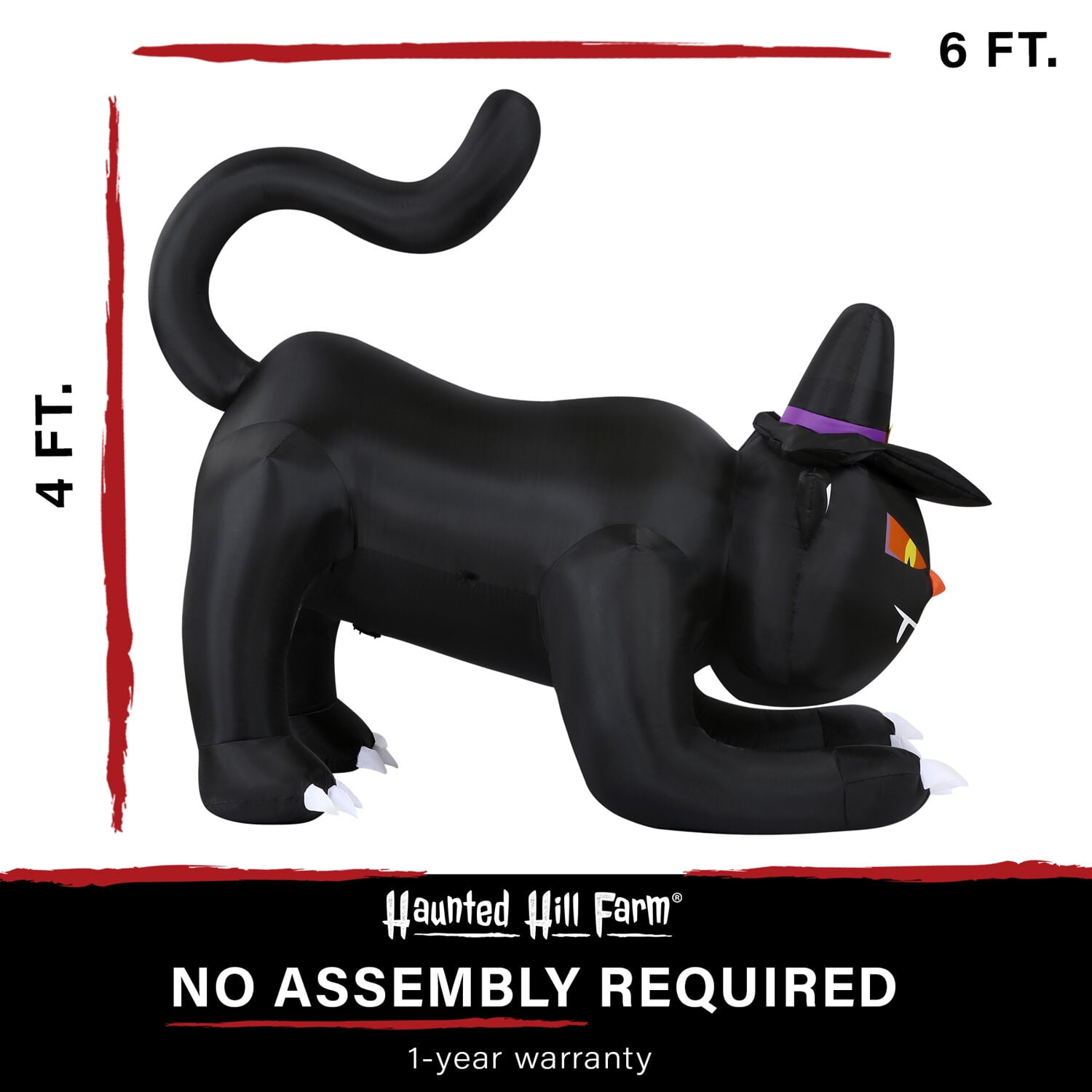 Haunted Hill Farm 6 ft Wide Prelit Inflatable Black Cat with Witch Hat, HIBCAT061-L