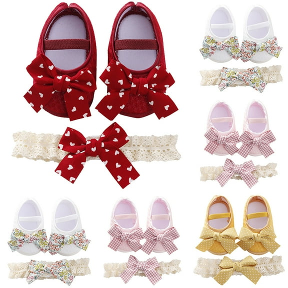Infant Newborn Baby Girl Princess Non-Slip Bowknot Shoes Baby Shoes with Lace Headband Set