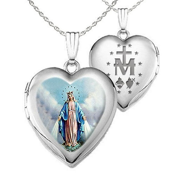 Picturesongold.Com Sterling Silver Miraculous Medal Heart Locket Necklace Pendants Adult -2/3x2/3 in