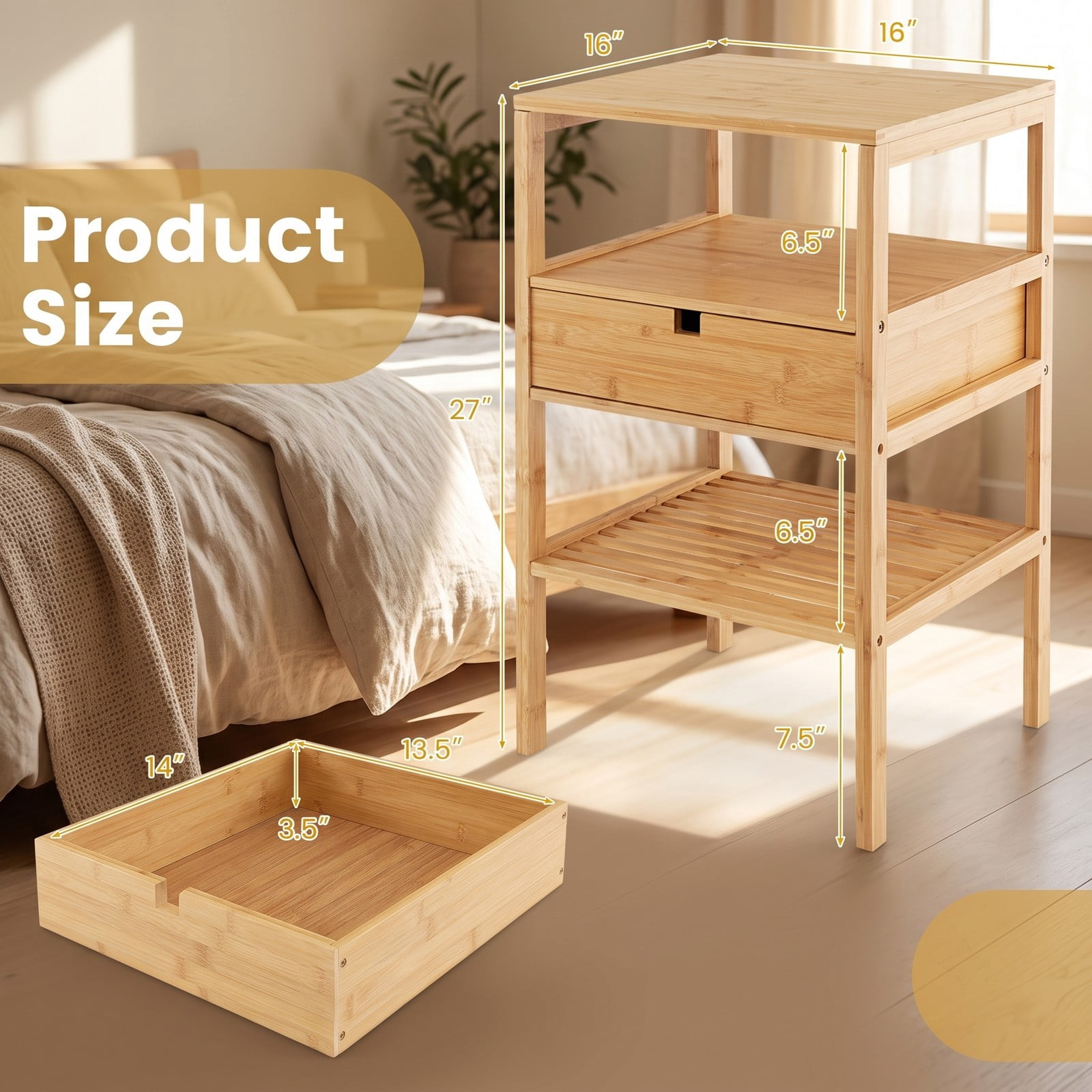 Furnibear Bamboo Nightstand with Storage Drawer and Slatted Open Shelf for Bedroom Living Room and Study Room, Wood Bedside Table, Natural