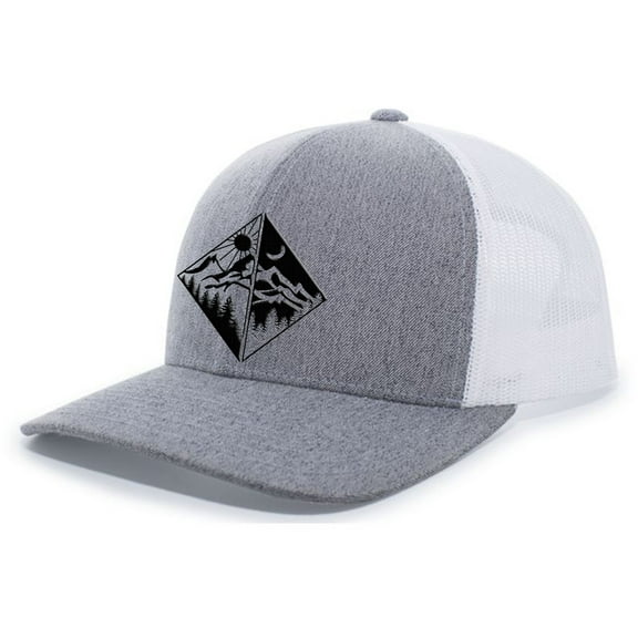 Men's Outdoors Geometric Mirror Scenic Forest Woodland Embroidered Mesh Back Trucker Hat, Heather Grey/White