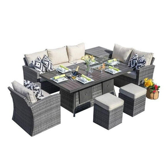 Moda furnishings  7-Piece Patio Sofa Set with Firepit and Ice Container Dining Table