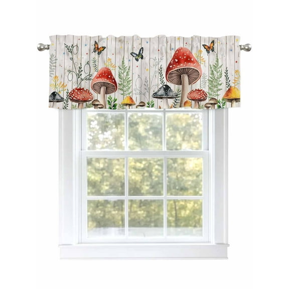 Farmhouse Mushroom Valances for Windows, Rod Pocket Kitchen Valance Curtains - Soft & Washable Small Window Treatment for Living Room, Bathroom, Rustic Wood Grain, 54x18inch