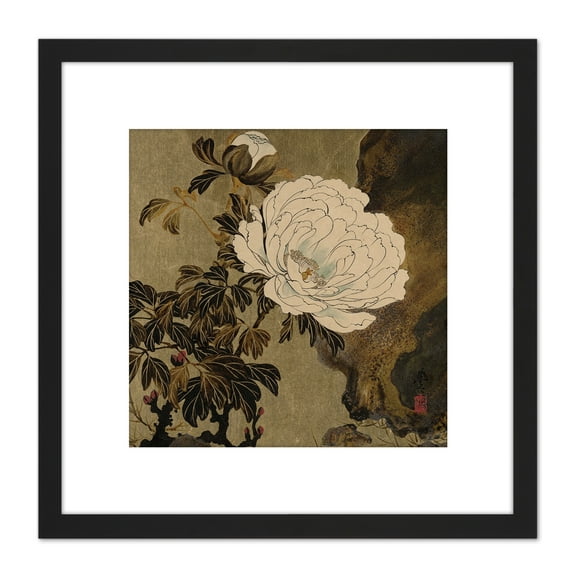 Zeshin Peonies Flower Japanese Laquer Painting 8X8 Inch Square Wooden Framed Wall Art Print Picture with Mount