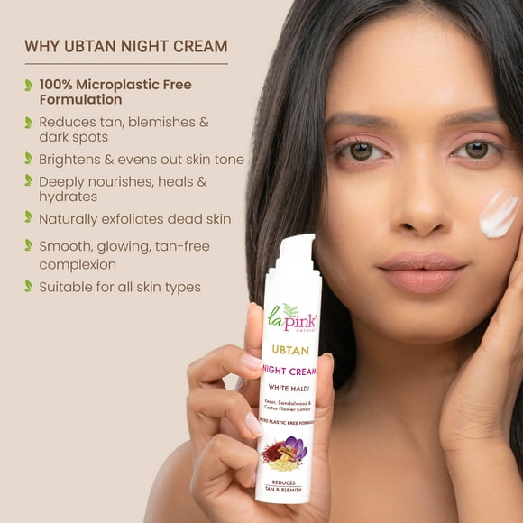 La Pink Ubtan White Haldi Night Cream | 100% Microplastic Free Formula | Removes Tan | Kesar, Sandalwood & Cactus Flower | All Skin Types | 50g