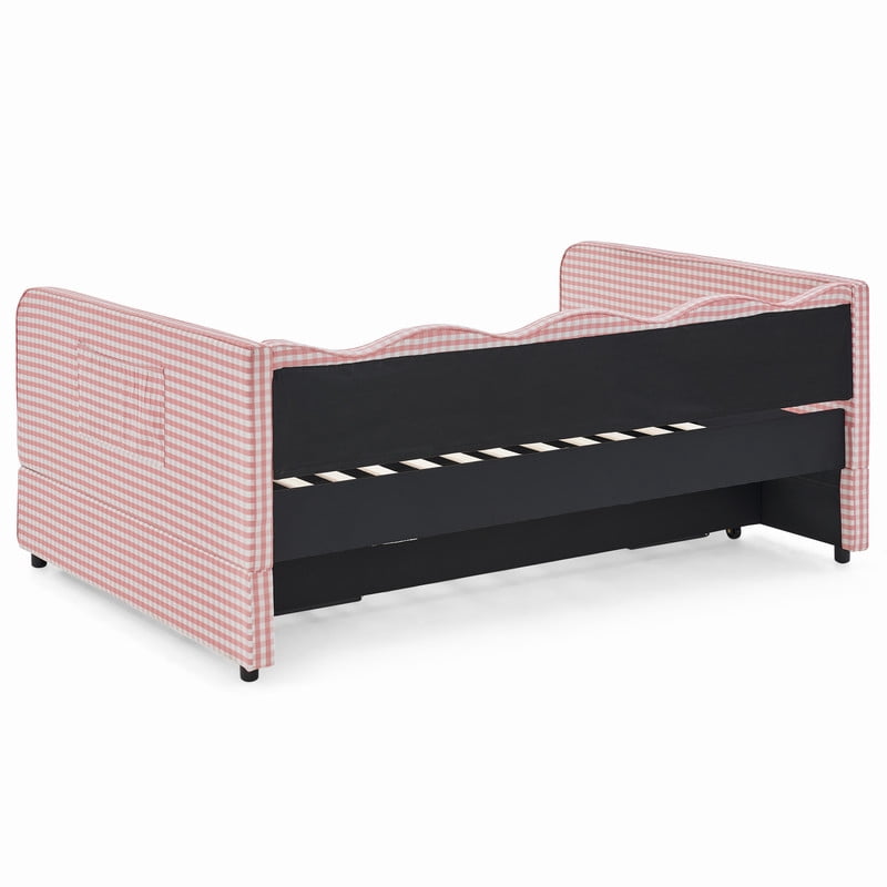 Full Size Daybed with Pop Up Trundle, Gingham Twin to King Daybed with Side Storage Pockets, Upholstered Sofa Bed Frame for Living Room Bedroom, No Box Spring Needed
