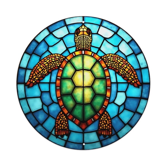 Turtle Stained Glass Mosaic Vintage Round Metal Tin Sign Nostalgic Metal Sign Home Decor for Bar Garden Kitchen Restaurant Garage 8x8 Inch