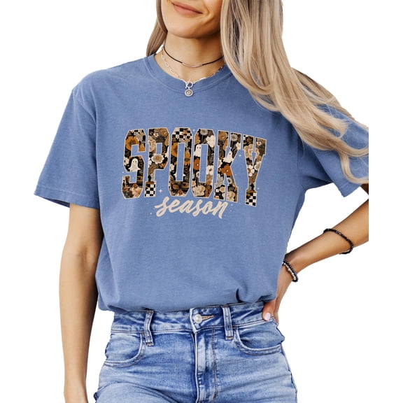 Spooky Season Fall Shirt for Women & Teens Trendy Floral Halloween Tee Blue Jean Shirt Adult Large
