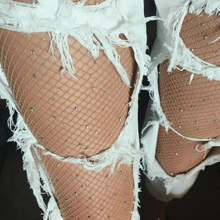 Shulemin Women's Rhinestone Elastic Stockings Fishnet Tights Pantyhose  Socks, Beige-white Diamond 