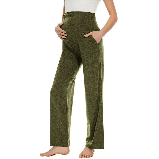 Diufon Maternity Yoga Pants High Waist Over The Belly Drawstring Soft Pants Solid Color Straight Leg Loose Pants