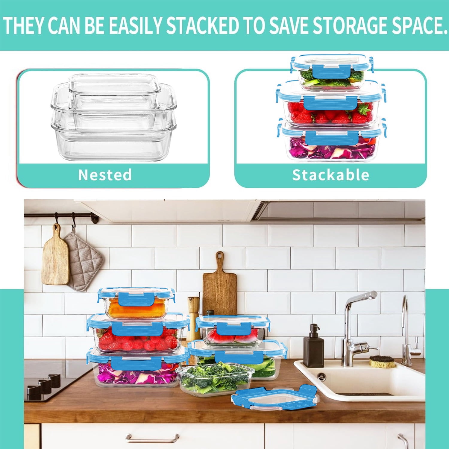 30Pcs Glass Food Storage Containers with Lids, Glass Airtight Meal Prep Container Set for Lunch, Kitchen Pantry Organizers and Storage, Leak Proof, Blue