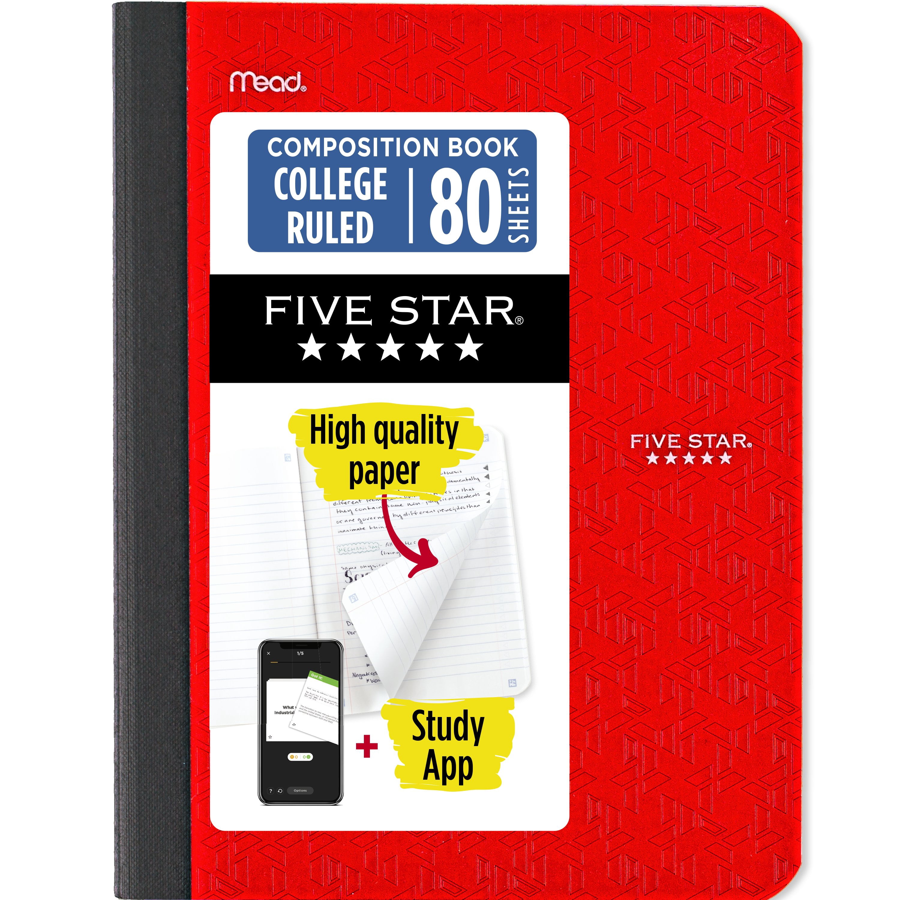 (2 pack) Five Star Composition Book Plus Study App, College Ruled, 80 Sheets, 7.5" x 9.75", Fire Red