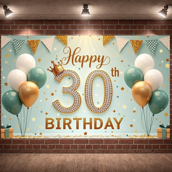 Golden Crown 30th Birthday Banner Green White Balloons Display Star Decor Triangle Bunting Celebration Background for 30th Birthday Party Adult Celebration Indoor Decoration