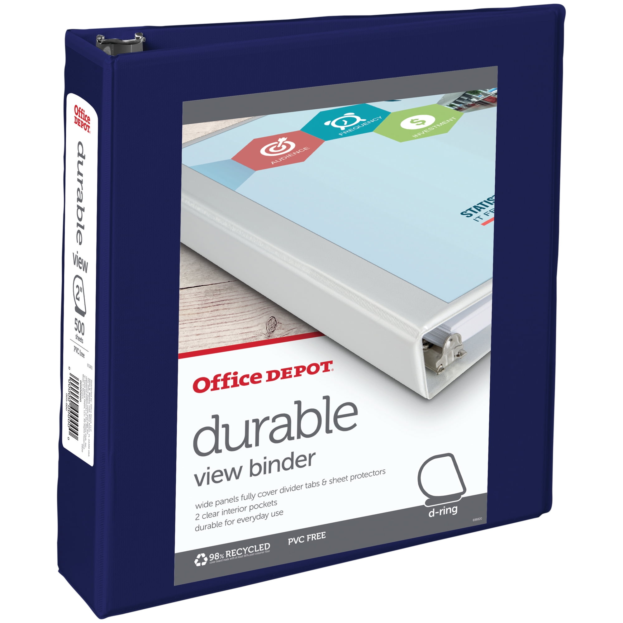 Office Depot® Brand Durable D-Ring View Binder, 2' Rings, 60% Recycled, Blue
