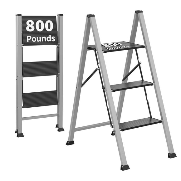 DIAMONDFORGE 3 Step Ladder, 800 lbs Capacity Aluminum Ladder, Folding Step Stool for Adults, Anti-Slip Sturdy and Wide Pedal, Lightweight and Portable Stepladder for Home, Office, Grey