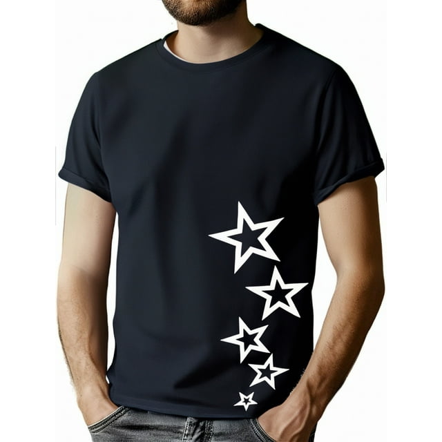 Men's Light Blue Summer Fashion T-Shirt with White Star Pattern - Crew Neck, Short Sleeve, Machine Washable & Dry Cleanable