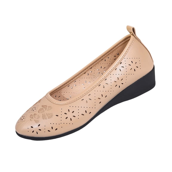 Hurxie Women's Ballet Flats Black PU Leather Dress Shoes Comfortable Round Toe Slip on Flats with Breathable Eyelets Beige 5.5
