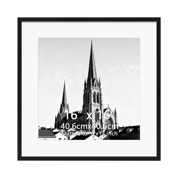 16x16 Picture Frame, Display 12x12 Picture with Mat or 16x16 Without Mat for Wall Hanging, Single, Black