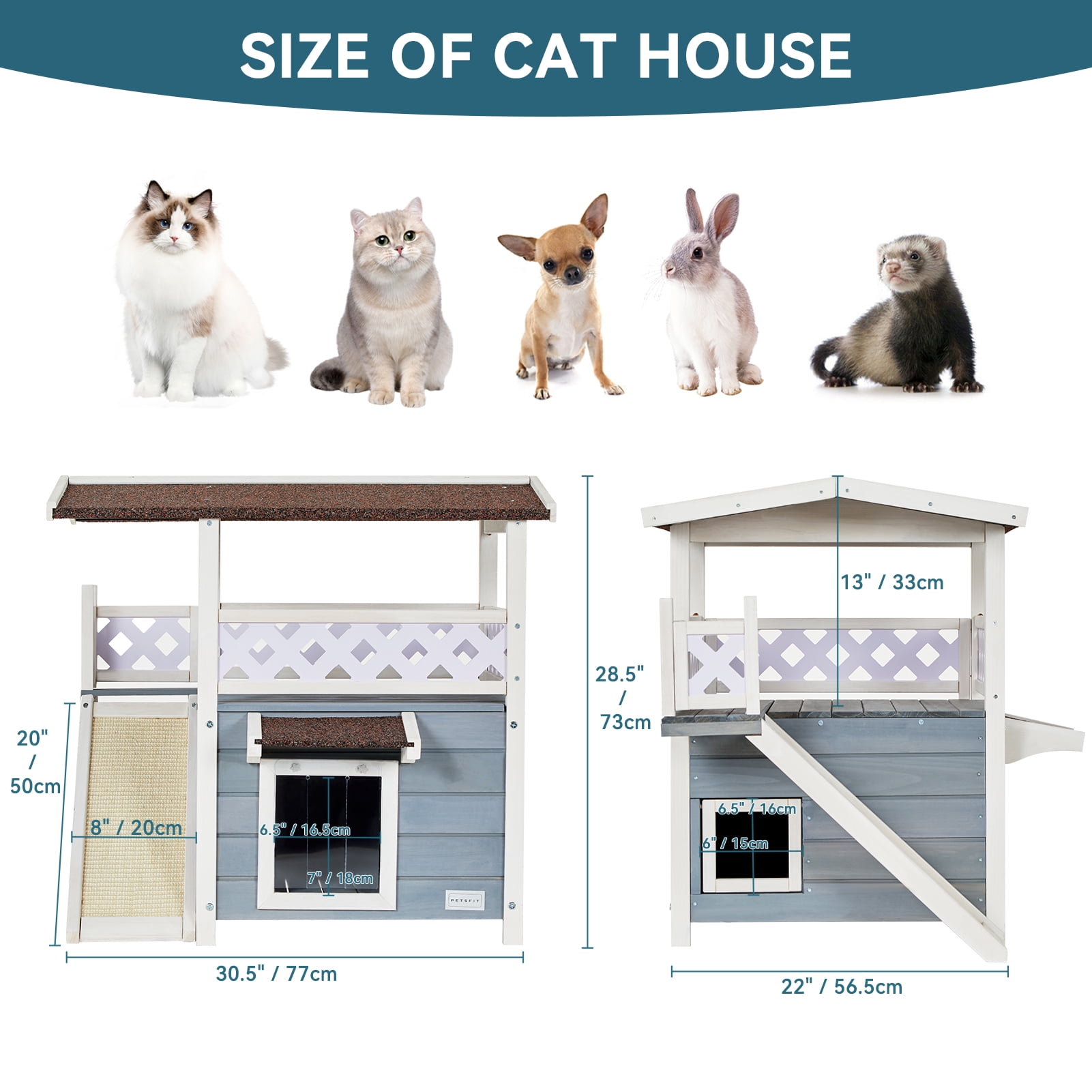Petsfit Durable Roof Cat House Outdoor Weatherproof with Scratching,30"D x 22"W x 29"H,Gray