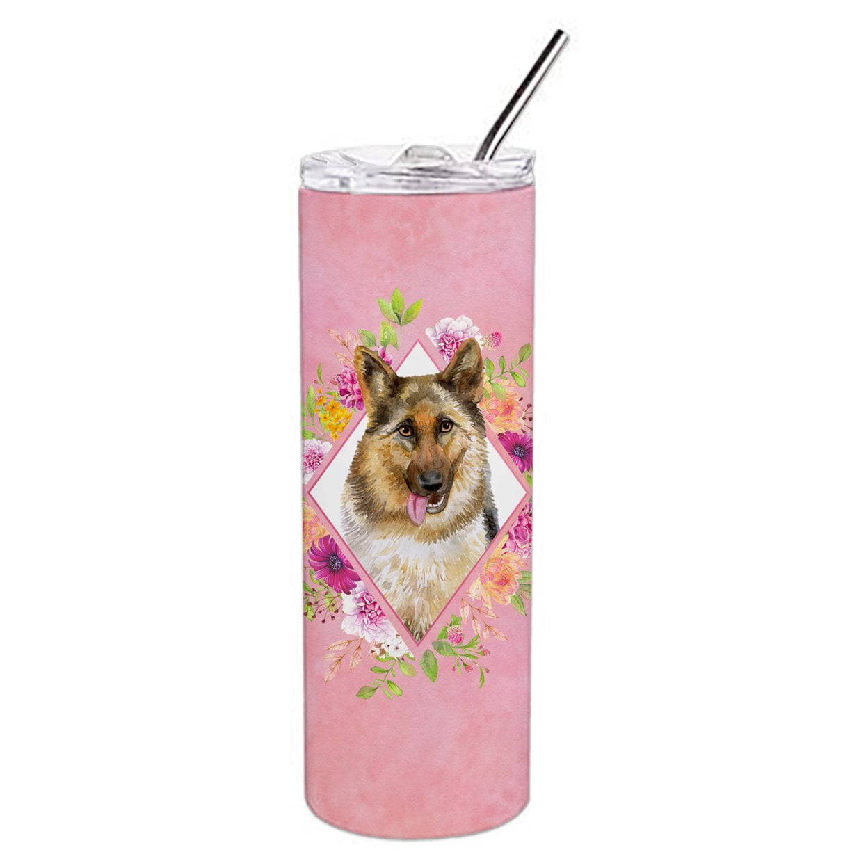 Carolines Treasures CK4146TBL20 German Shepherd Design1 Pink Flowers Stainless Steel 20 oz Skinny Tumbler 20 oz