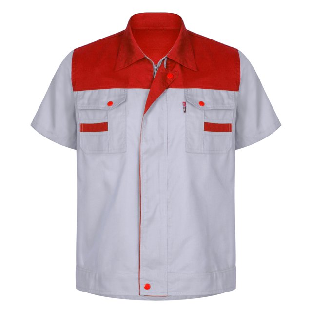Yeahdor Mens Short Sleeve Work Shirts Color Block Trun-Down Collar Jackets Mechanic Smock Uniforms Grey&Red XXL/180