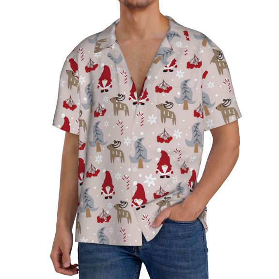 Naloa Cartoon Santa and Reindeer Men's Loose Fit Cuban Collar Short-Sleeve Shirt, Hawaiian Shirts, Mens Shirts Casual for Everyday Wear Outings-Small