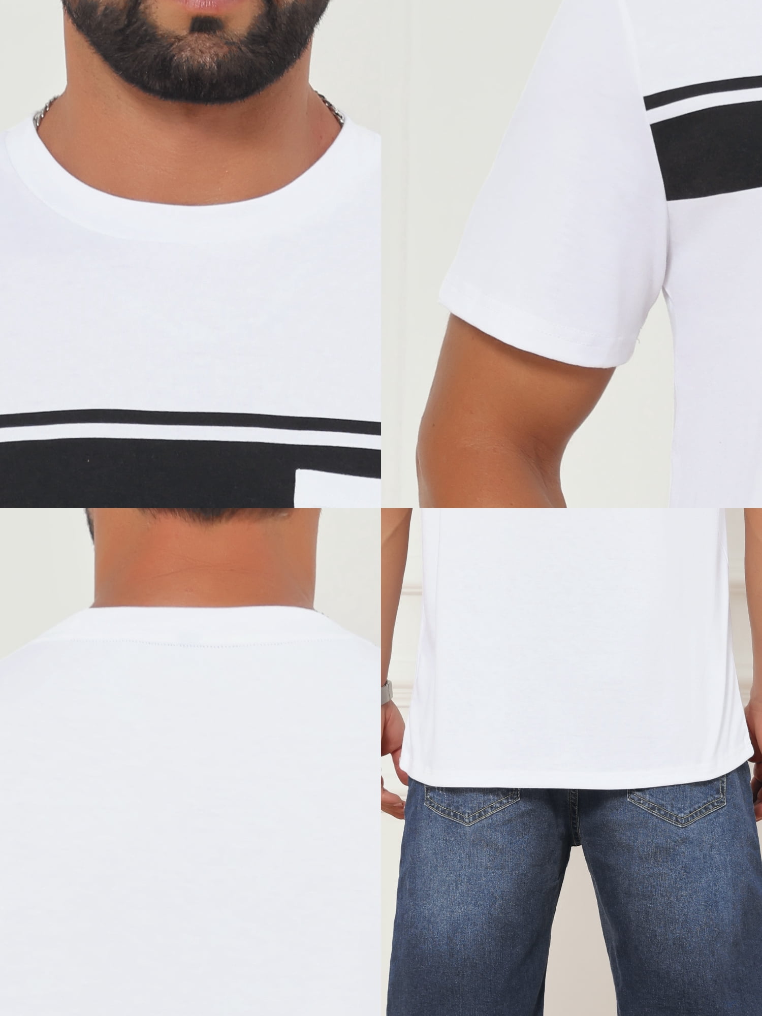 DARING DIVA Men's Chest Pocket Striped Print Crew Neck Short Sleeve T-Shirt XL White