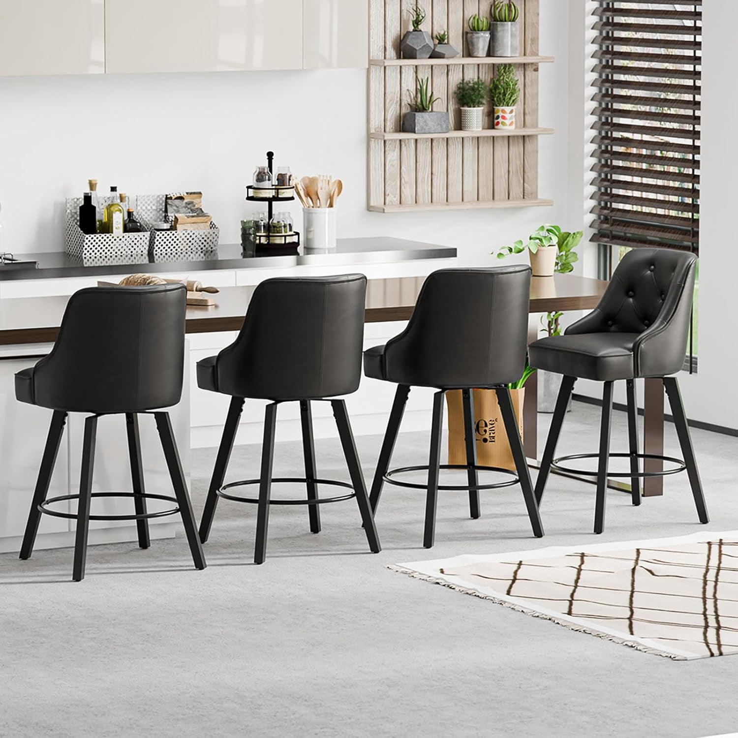 VINGLI 26" H Swivel Barstools Set of 2, Linen Fabric Upholstered Counter Stool with Back, Kitchen High Chairs Counter Height Bar Stools with Cushion, Solid Wood Legs, Beige